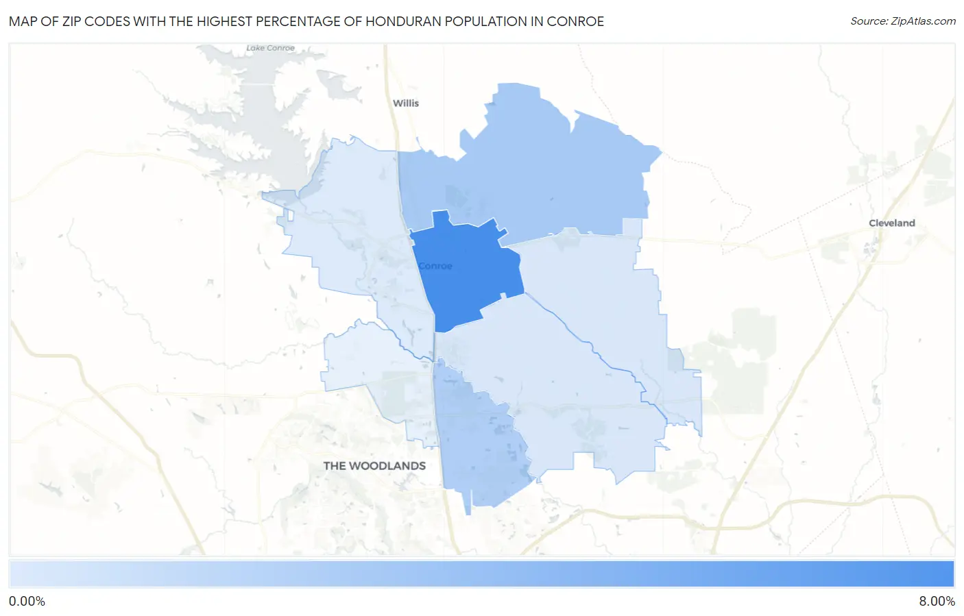Zip Codes with the Highest Percentage of Honduran Population in Conroe Map
