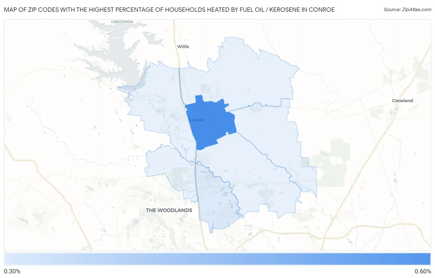 Zip Codes with the Highest Percentage of Households Heated by Fuel Oil / Kerosene in Conroe Map