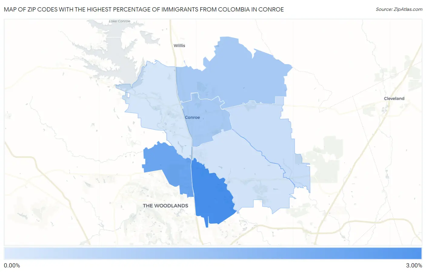 Zip Codes with the Highest Percentage of Immigrants from Colombia in Conroe Map