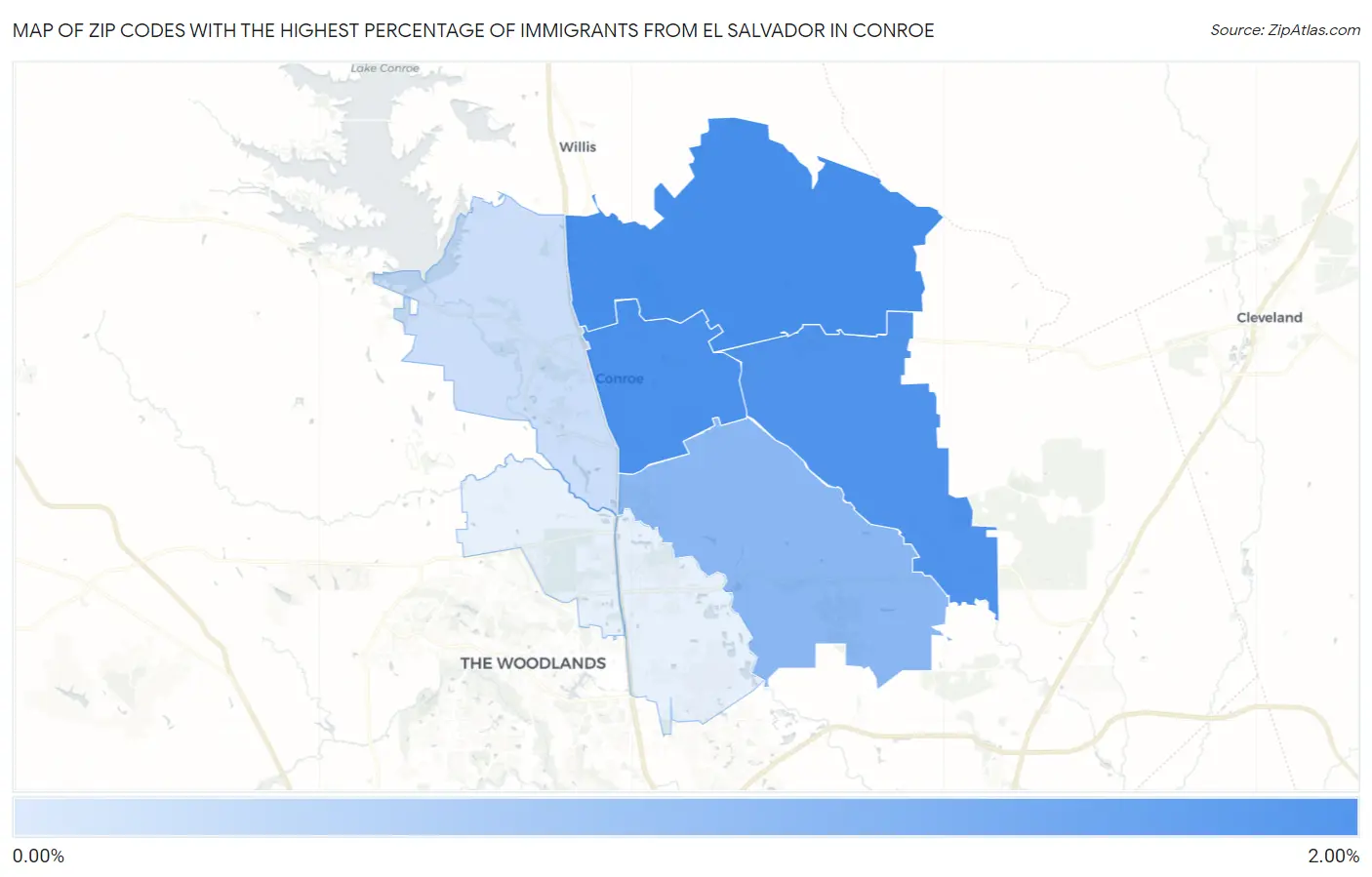 Zip Codes with the Highest Percentage of Immigrants from El Salvador in Conroe Map