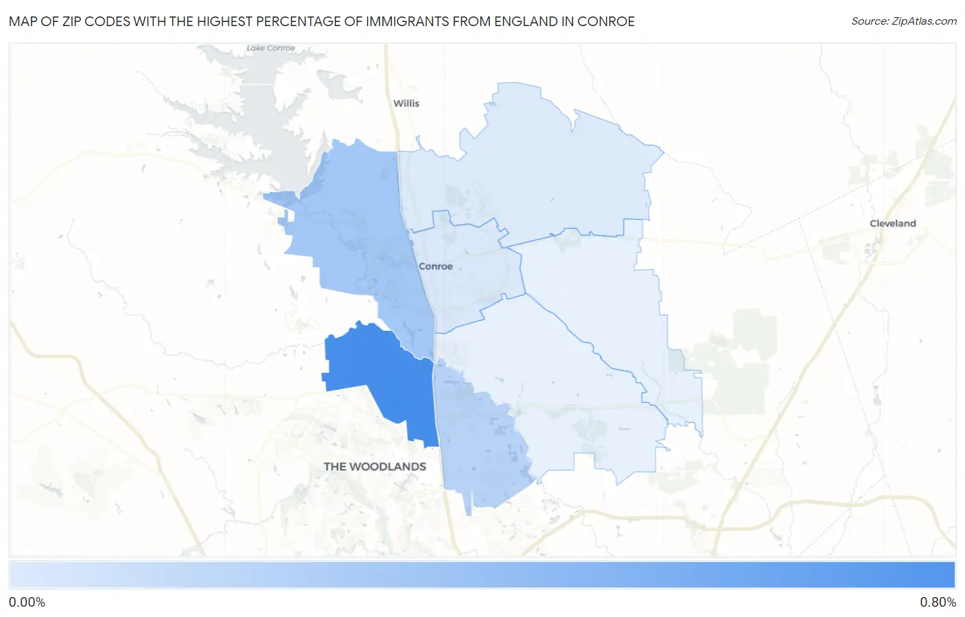 Zip Codes with the Highest Percentage of Immigrants from England in Conroe Map
