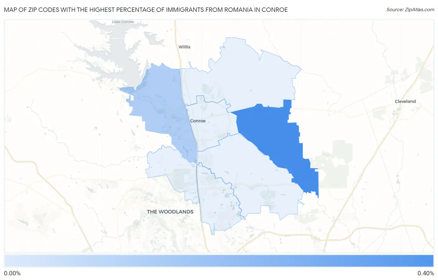 Zip Codes with the Highest Percentage of Immigrants from Romania in Conroe Map