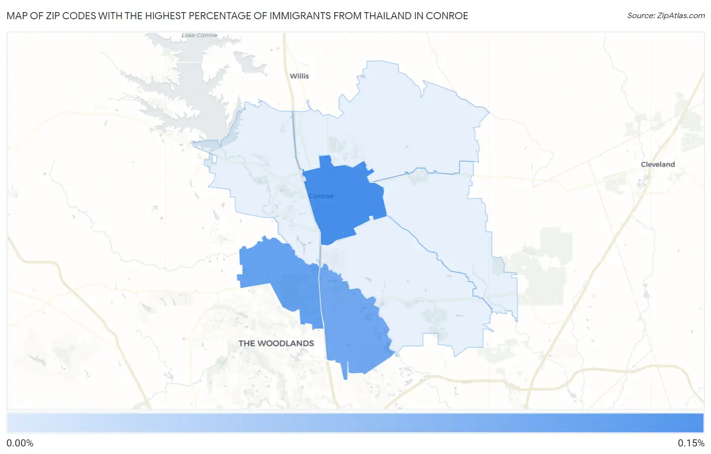 Zip Codes with the Highest Percentage of Immigrants from Thailand in Conroe Map