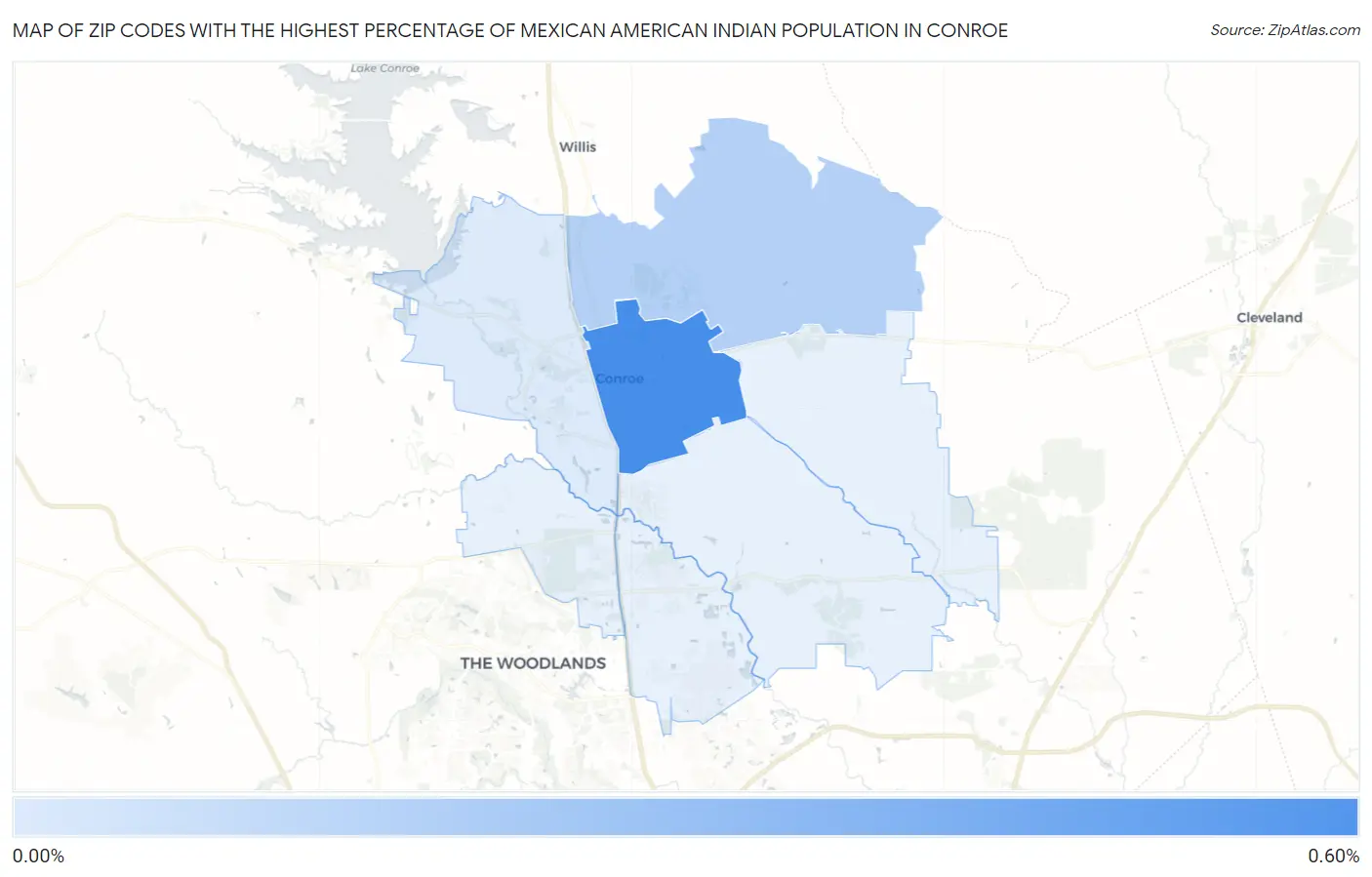 Zip Codes with the Highest Percentage of Mexican American Indian Population in Conroe Map