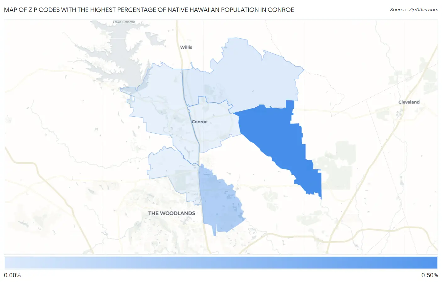 Zip Codes with the Highest Percentage of Native Hawaiian Population in Conroe Map