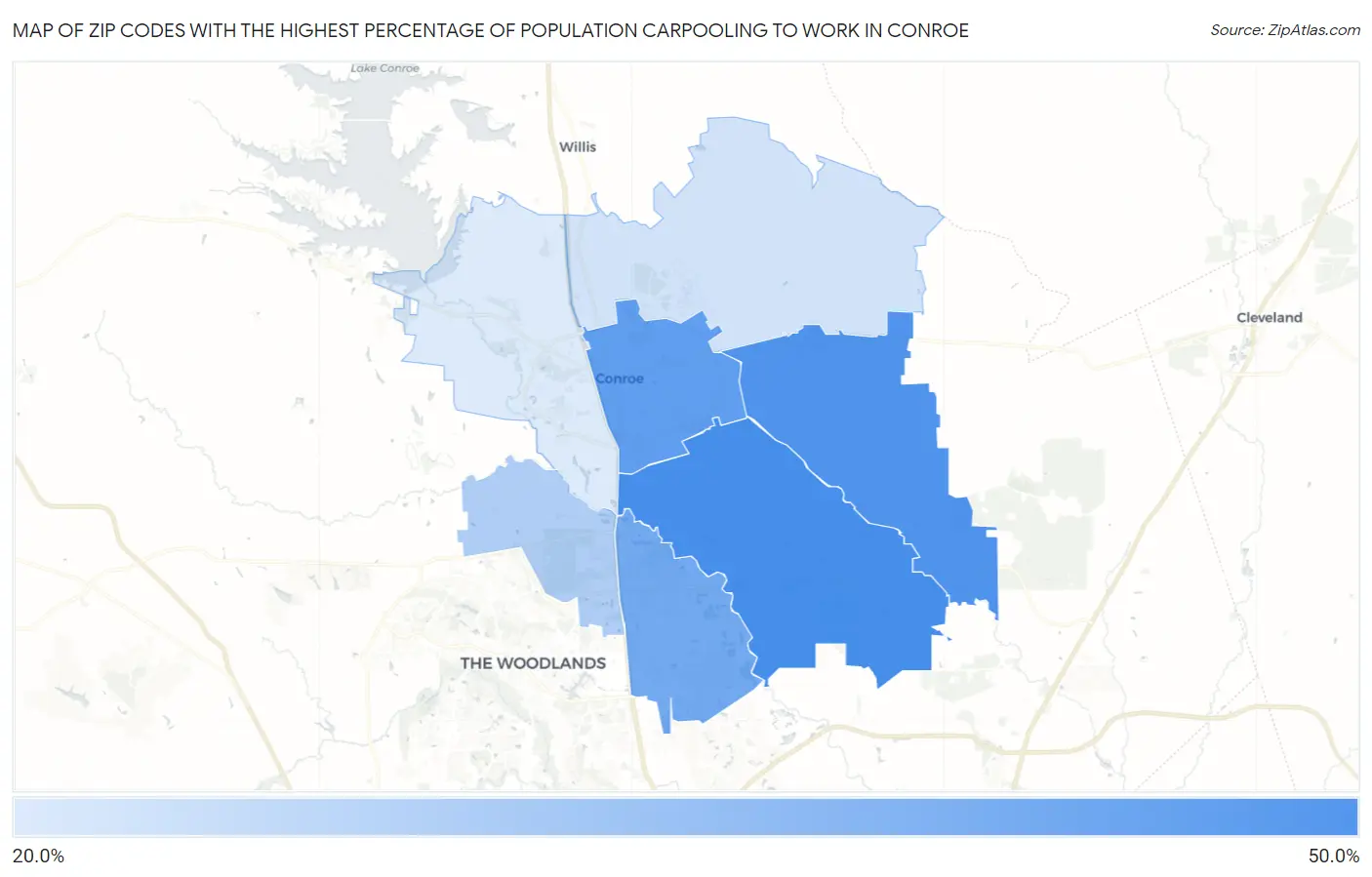 Zip Codes with the Highest Percentage of Population Carpooling to Work in Conroe Map