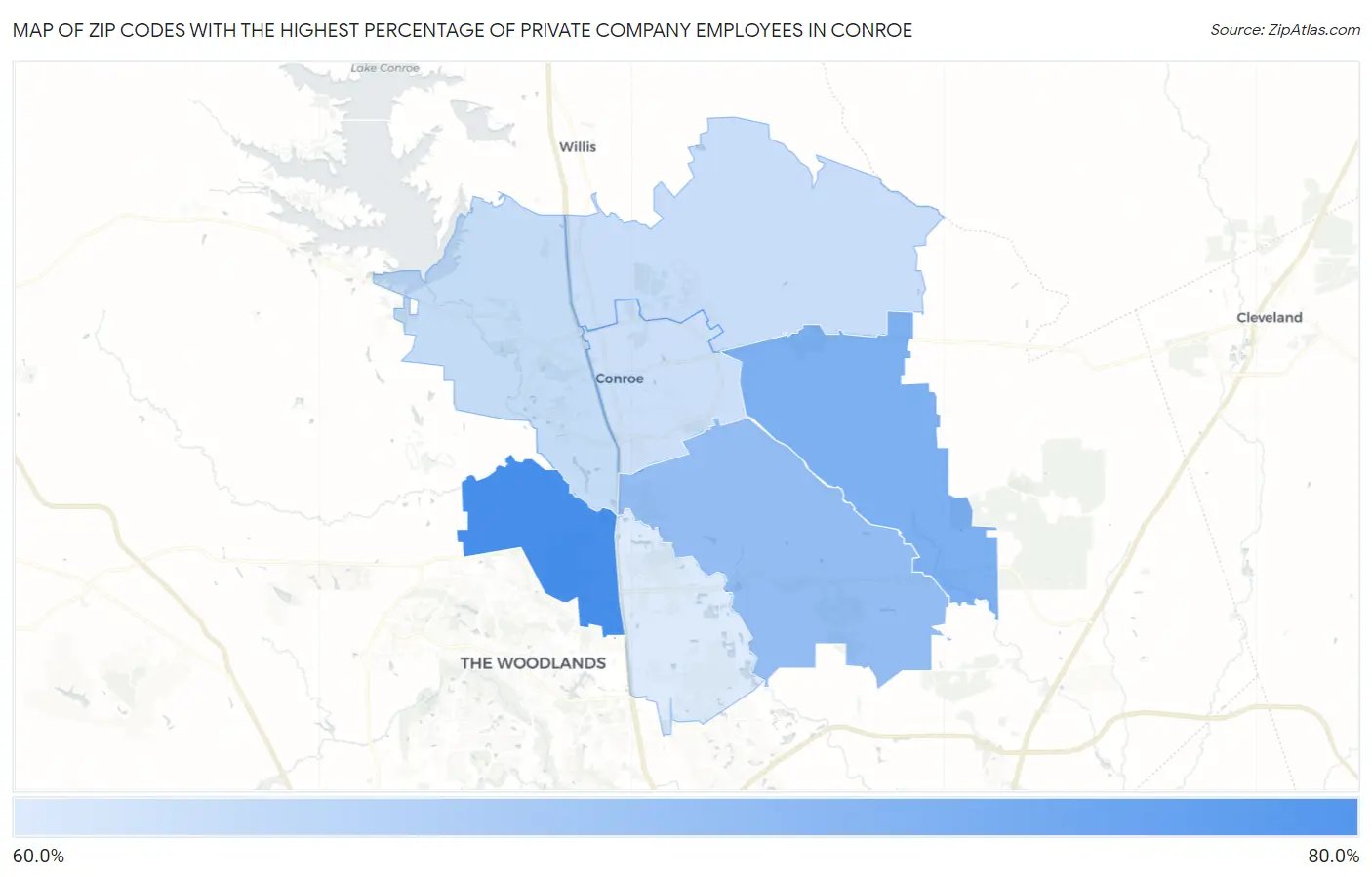 Zip Codes with the Highest Percentage of Private Company Employees in Conroe Map
