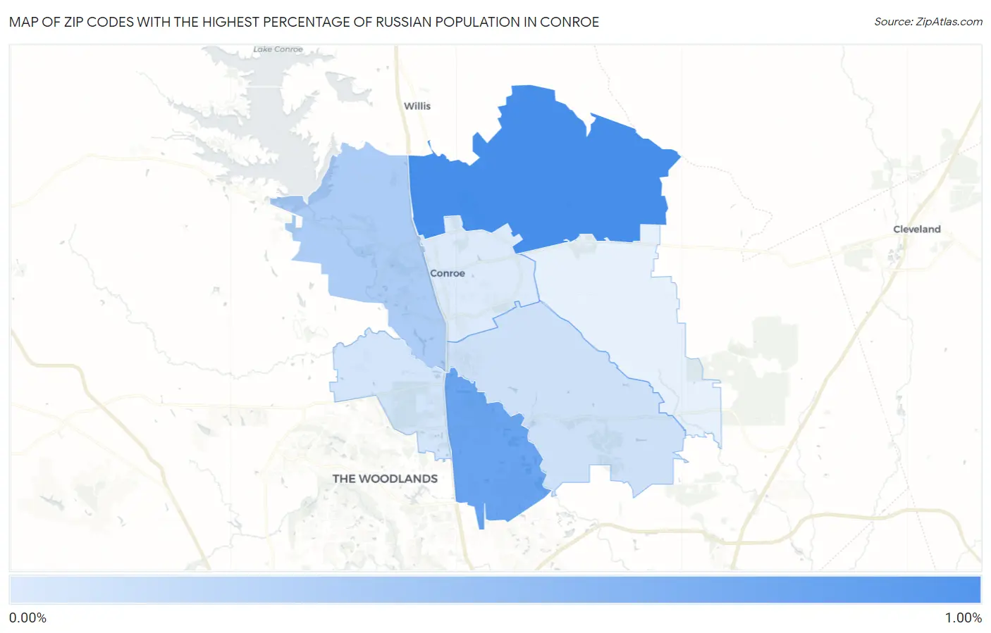 Zip Codes with the Highest Percentage of Russian Population in Conroe Map