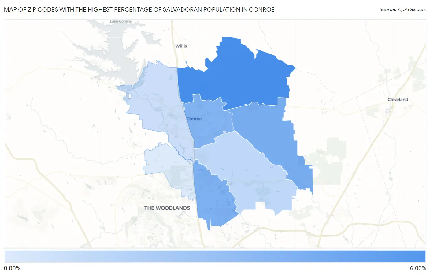 Zip Codes with the Highest Percentage of Salvadoran Population in Conroe Map