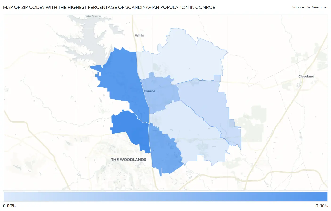 Zip Codes with the Highest Percentage of Scandinavian Population in Conroe Map
