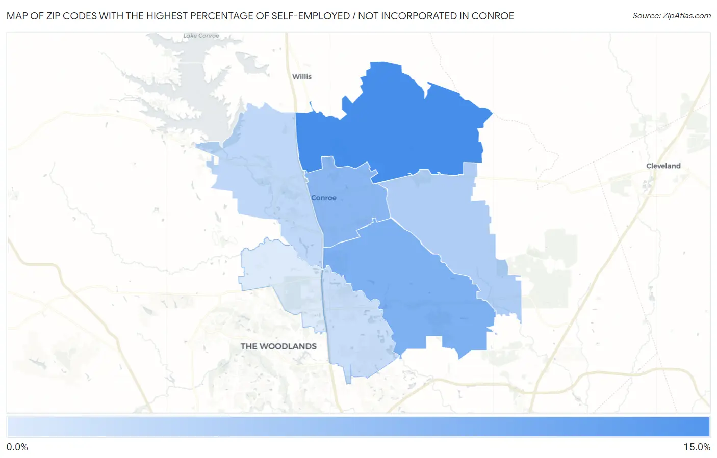 Zip Codes with the Highest Percentage of Self-Employed / Not Incorporated in Conroe Map