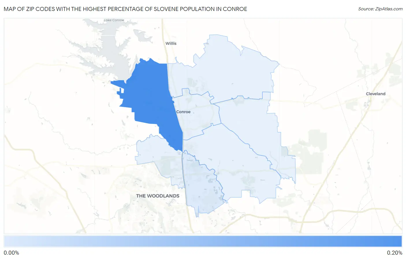 Zip Codes with the Highest Percentage of Slovene Population in Conroe Map