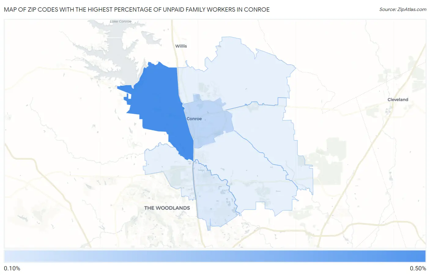 Zip Codes with the Highest Percentage of Unpaid Family Workers in Conroe Map