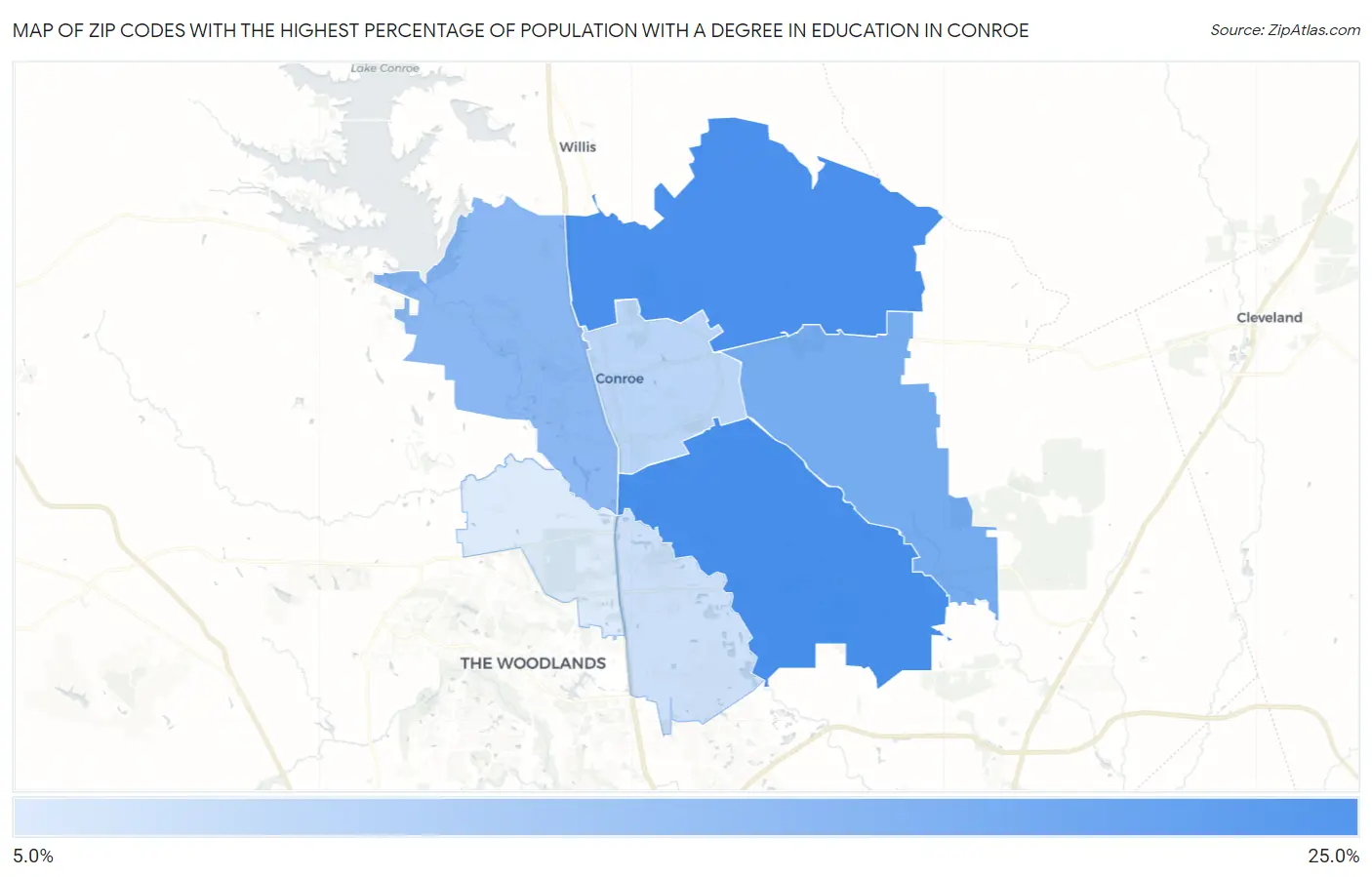 Zip Codes with the Highest Percentage of Population with a Degree in Education in Conroe Map