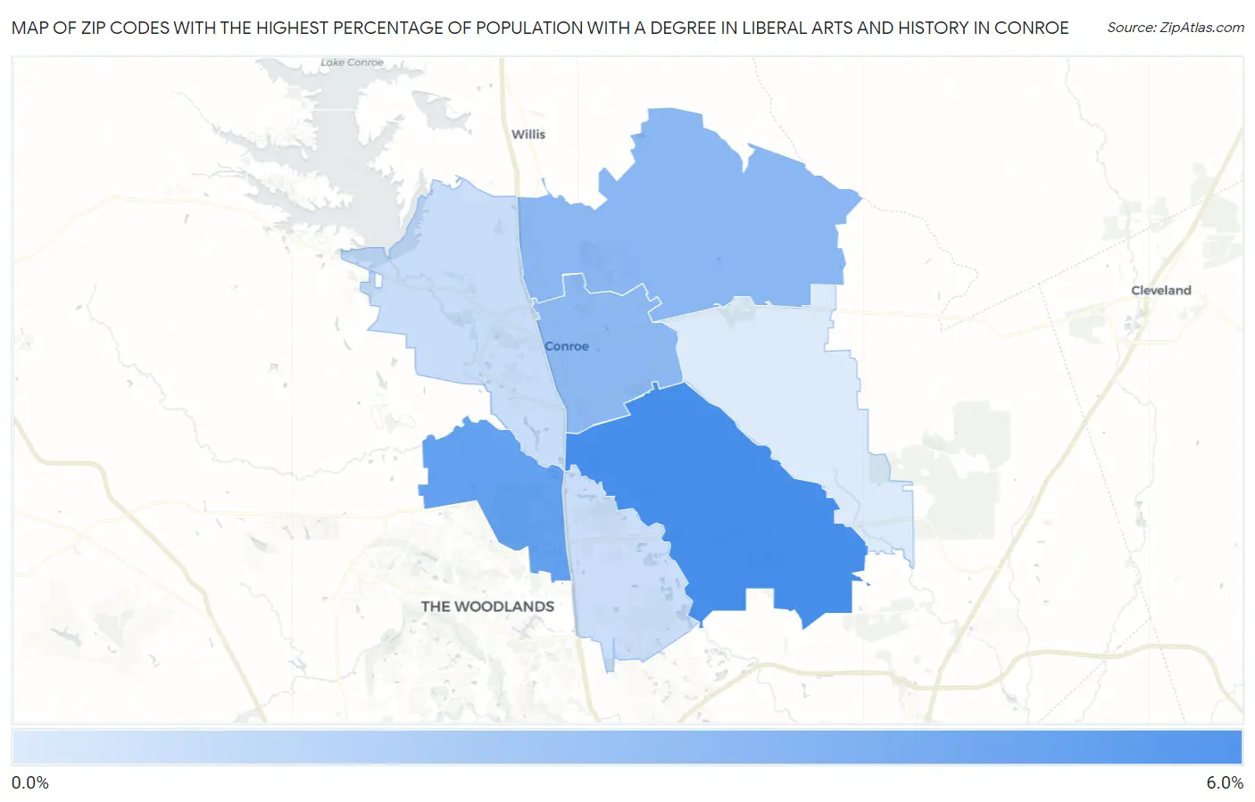 Zip Codes with the Highest Percentage of Population with a Degree in Liberal Arts and History in Conroe Map