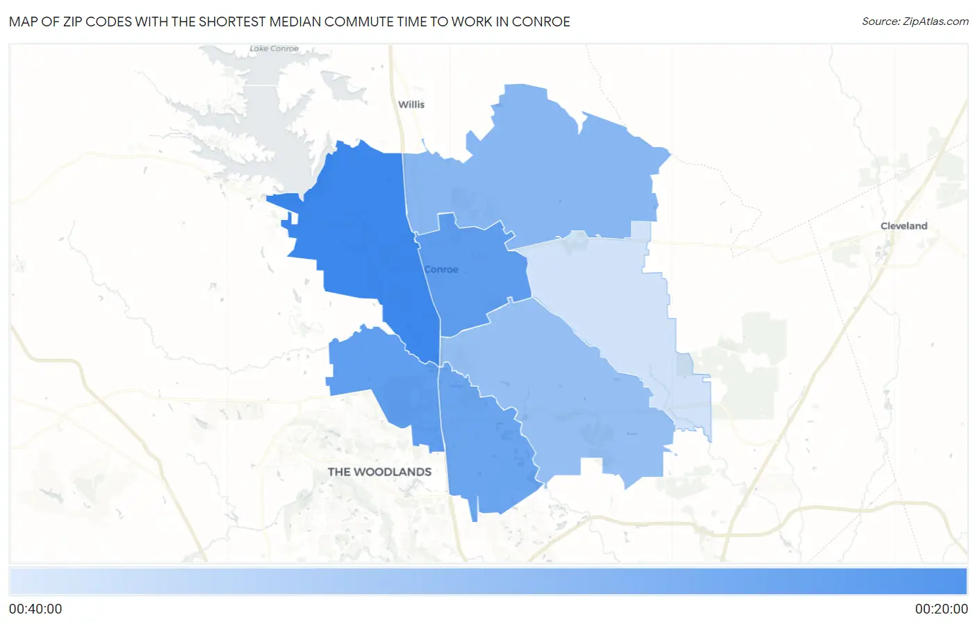 Zip Codes with the Shortest Median Commute Time to Work in Conroe Map