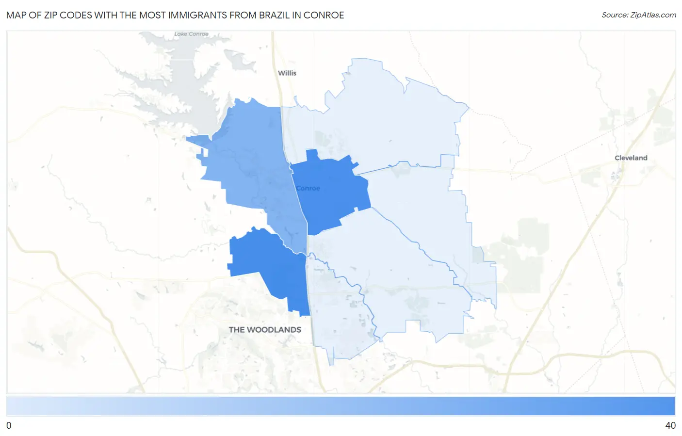 Zip Codes with the Most Immigrants from Brazil in Conroe Map