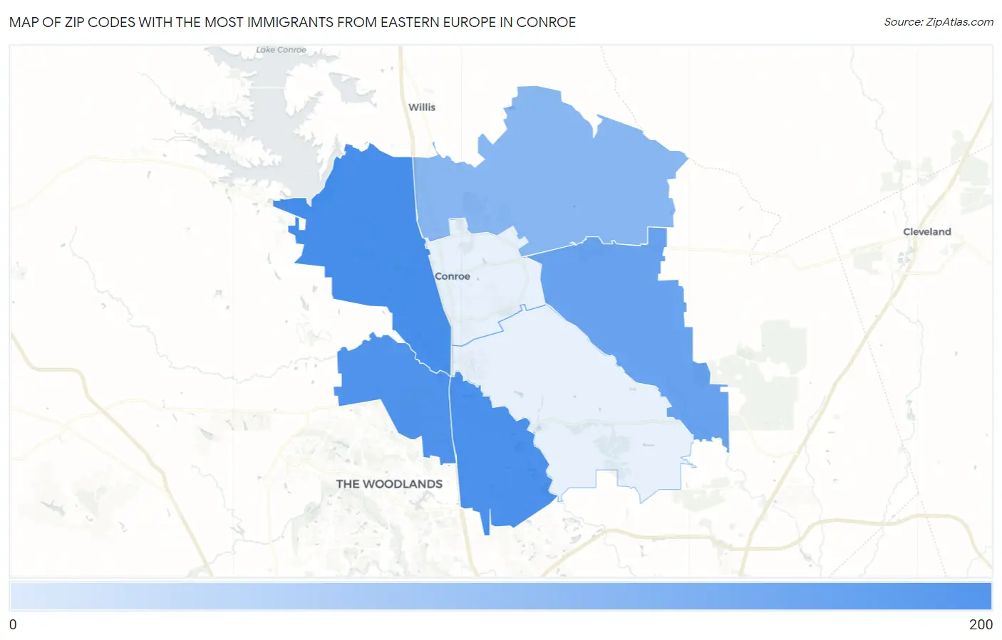 Zip Codes with the Most Immigrants from Eastern Europe in Conroe Map