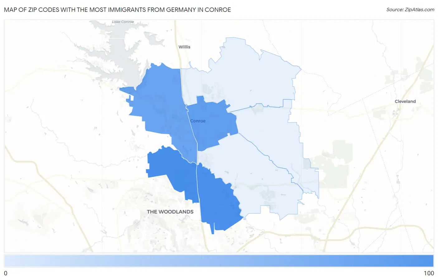 Zip Codes with the Most Immigrants from Germany in Conroe Map