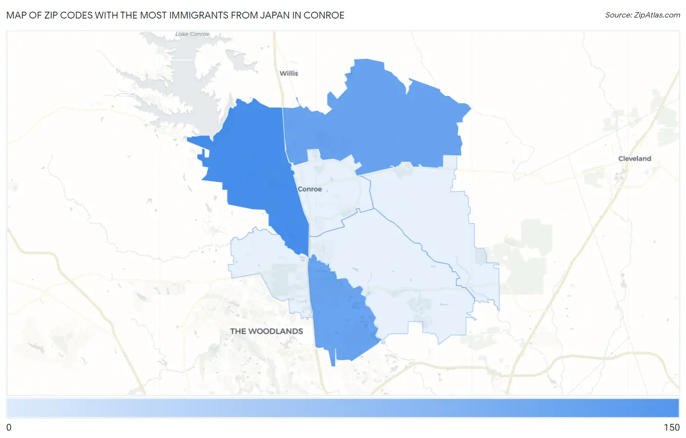 Zip Codes with the Most Immigrants from Japan in Conroe Map