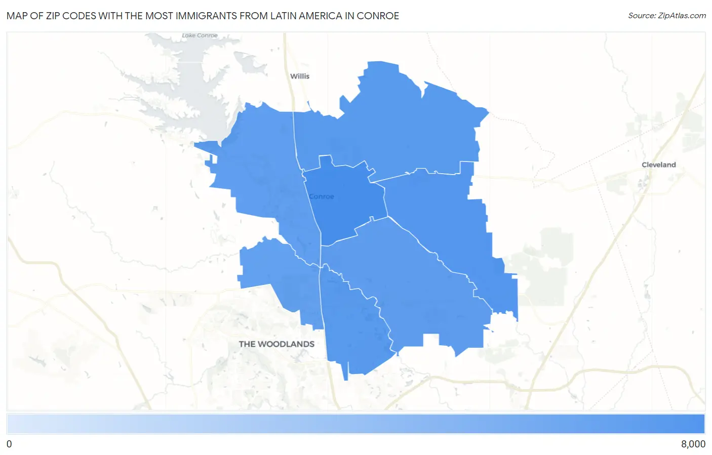 Zip Codes with the Most Immigrants from Latin America in Conroe Map