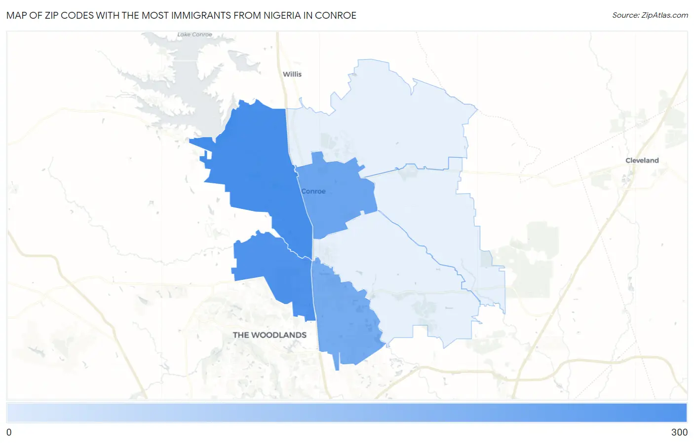 Zip Codes with the Most Immigrants from Nigeria in Conroe Map