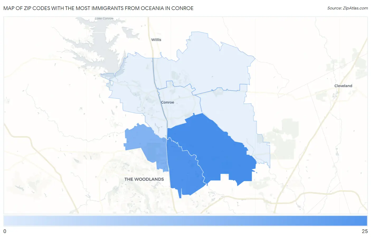 Zip Codes with the Most Immigrants from Oceania in Conroe Map