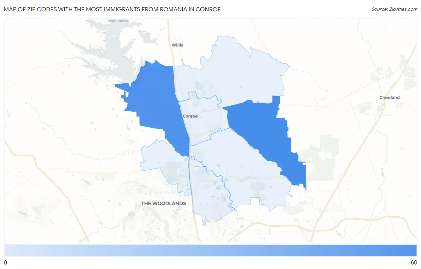 Zip Codes with the Most Immigrants from Romania in Conroe Map