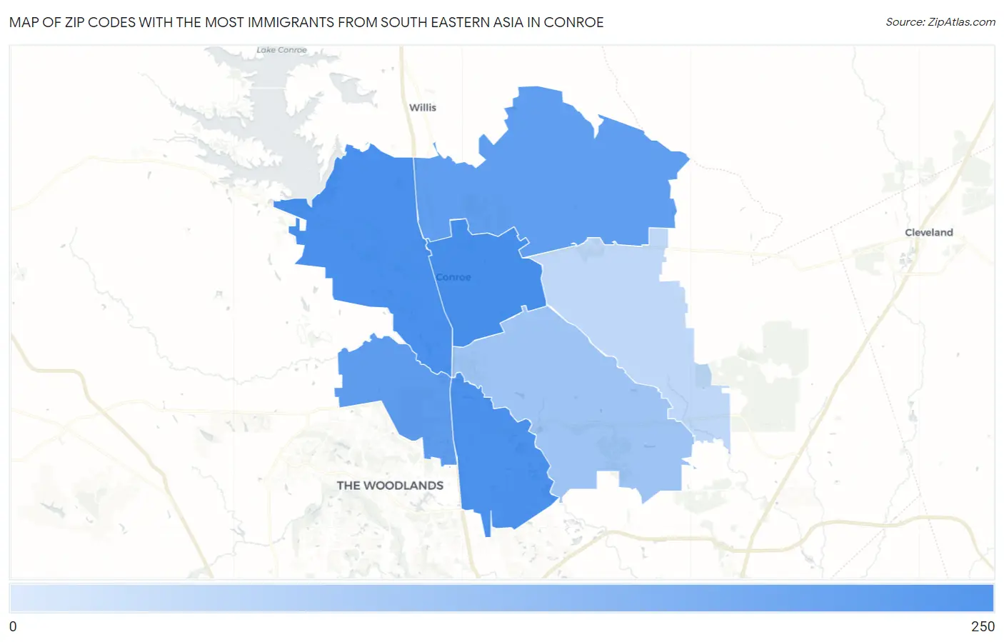 Zip Codes with the Most Immigrants from South Eastern Asia in Conroe Map