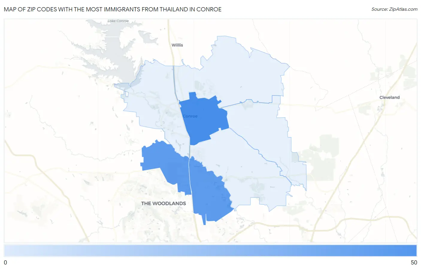 Zip Codes with the Most Immigrants from Thailand in Conroe Map
