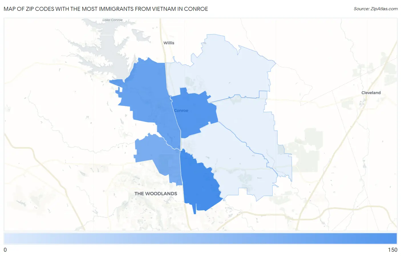 Zip Codes with the Most Immigrants from Vietnam in Conroe Map