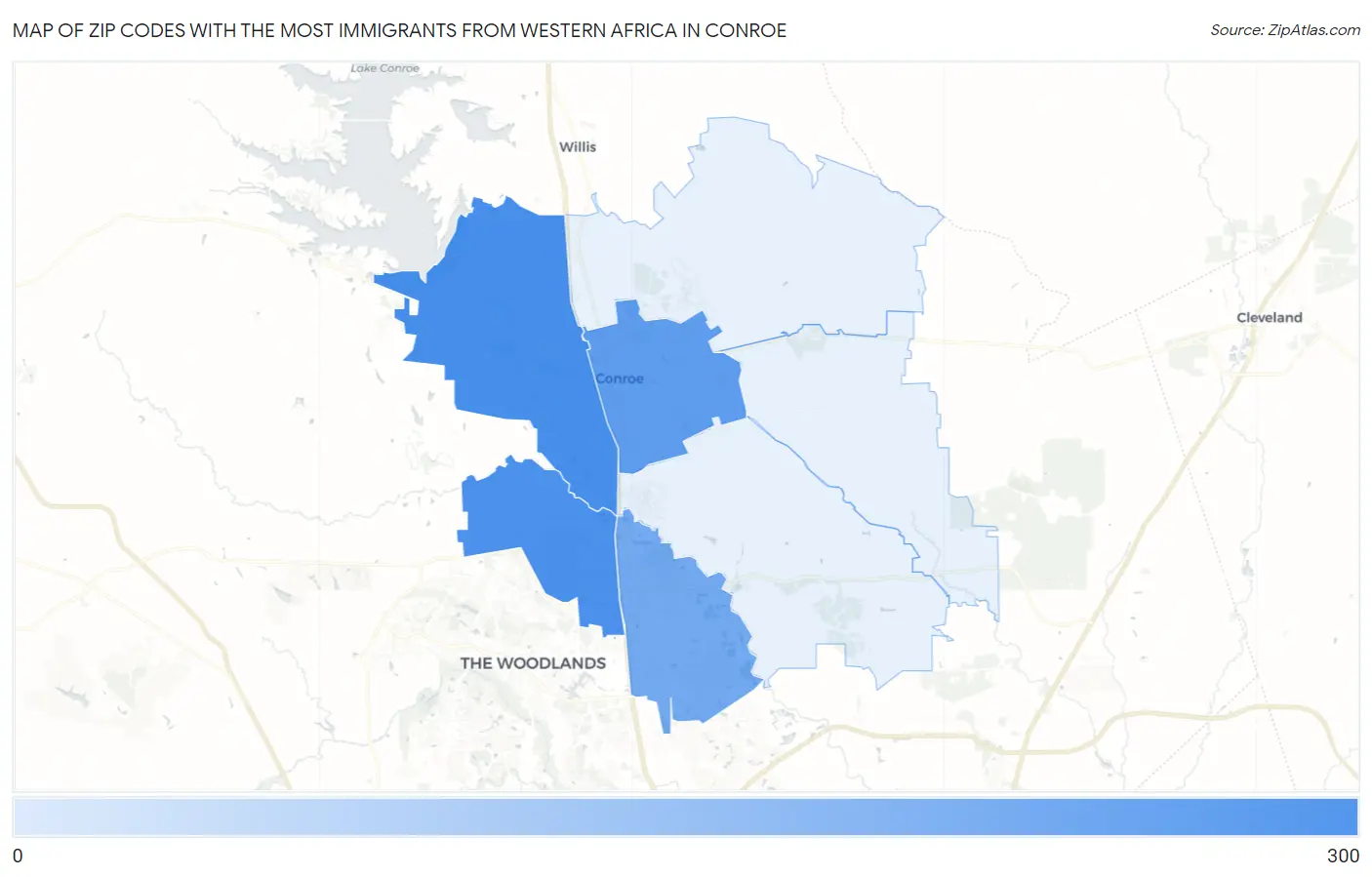 Zip Codes with the Most Immigrants from Western Africa in Conroe Map