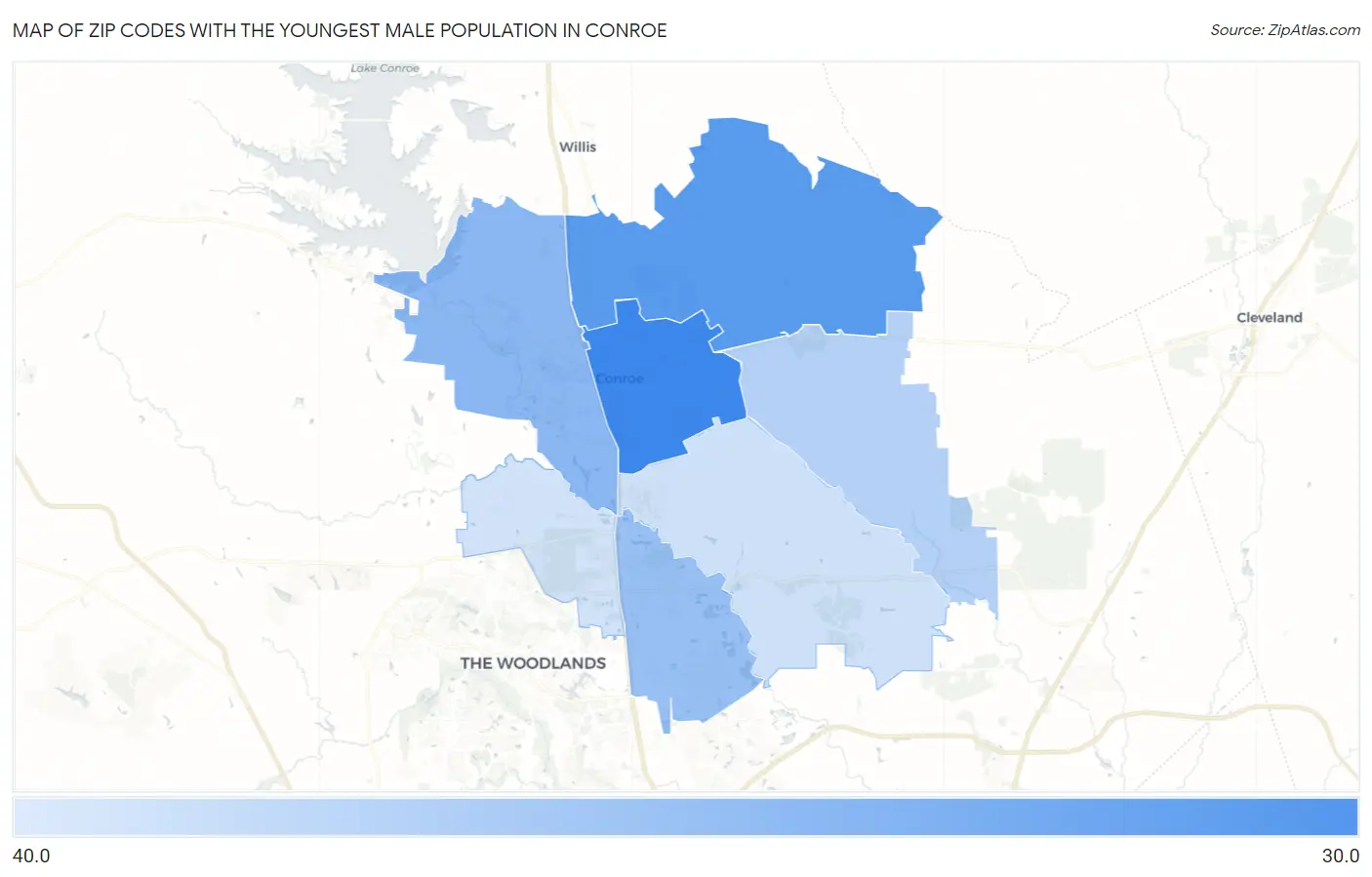 Zip Codes with the Youngest Male Population in Conroe Map