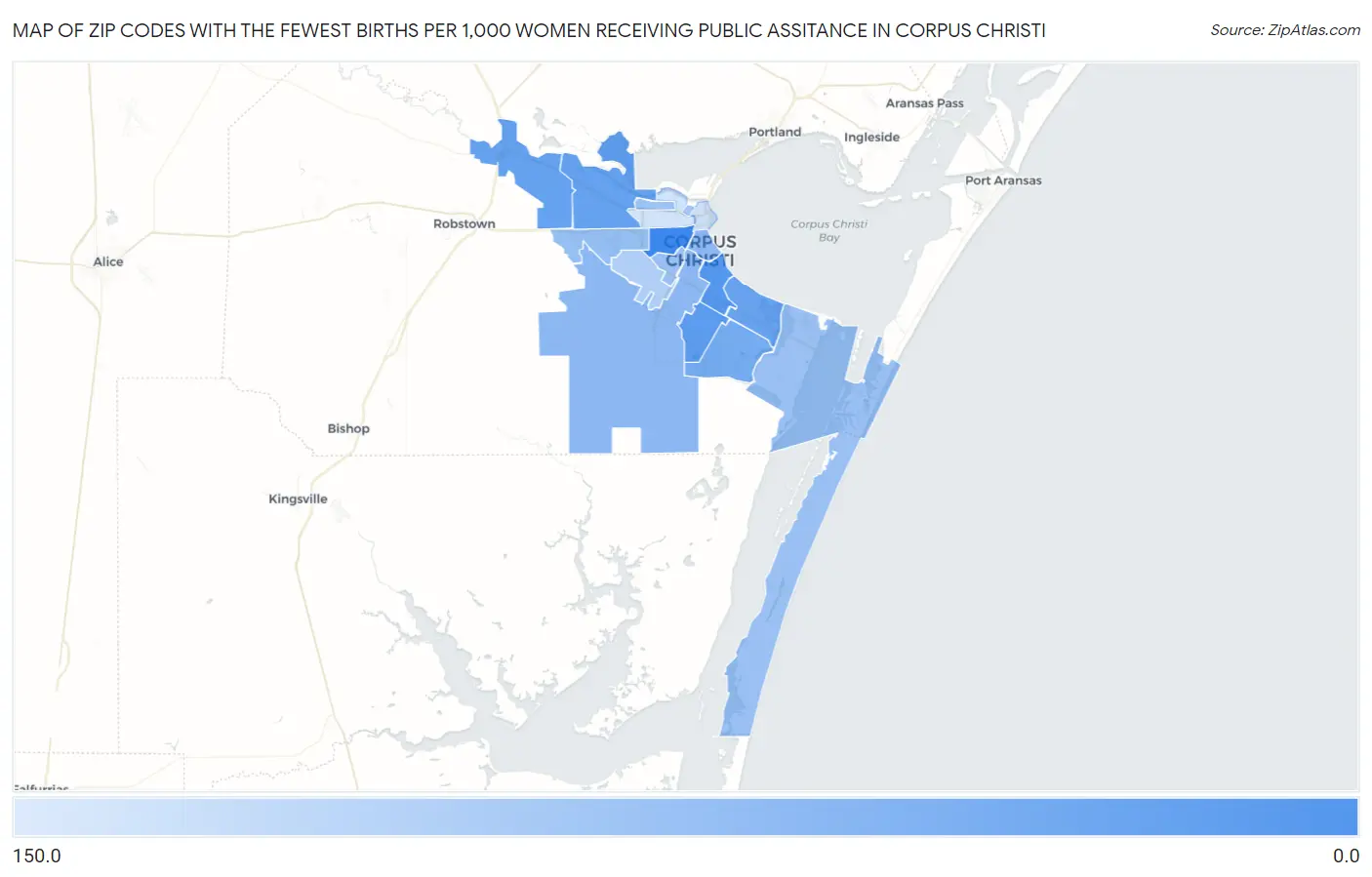 Zip Codes with the Fewest Births per 1,000 Women Receiving Public Assitance in Corpus Christi Map