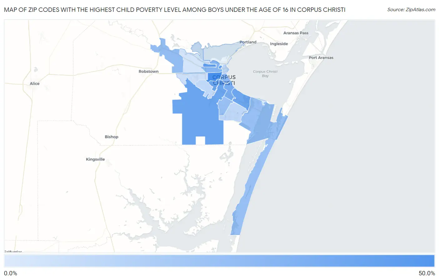 Zip Codes with the Highest Child Poverty Level Among Boys Under the Age of 16 in Corpus Christi Map