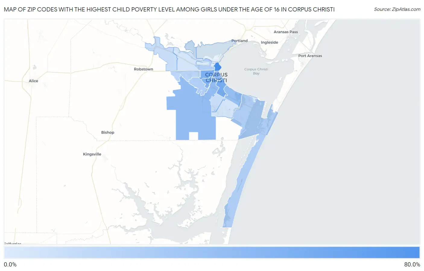 Zip Codes with the Highest Child Poverty Level Among Girls Under the Age of 16 in Corpus Christi Map
