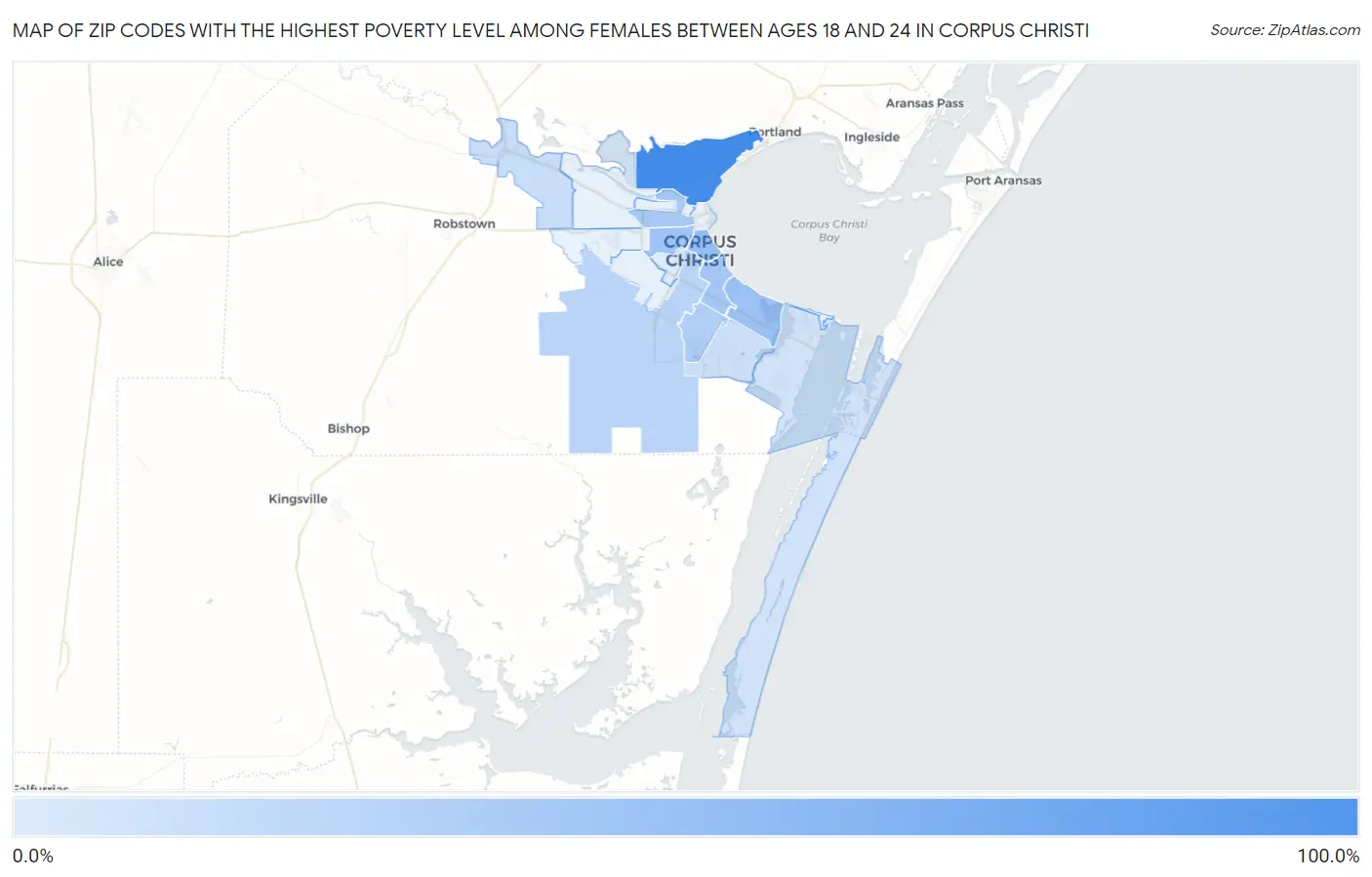 Zip Codes with the Highest Poverty Level Among Females Between Ages 18 and 24 in Corpus Christi Map