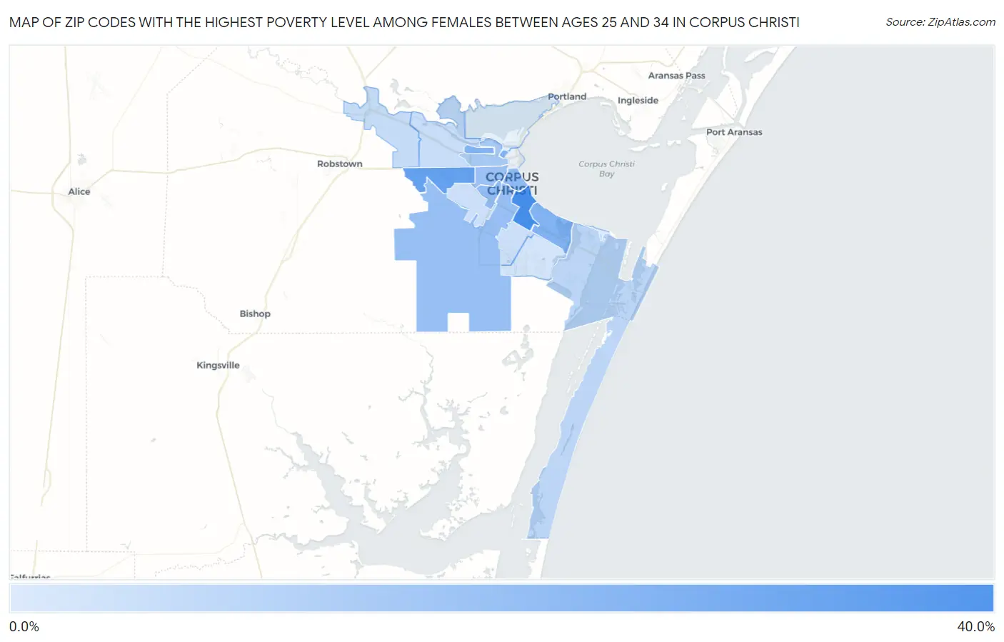 Zip Codes with the Highest Poverty Level Among Females Between Ages 25 and 34 in Corpus Christi Map