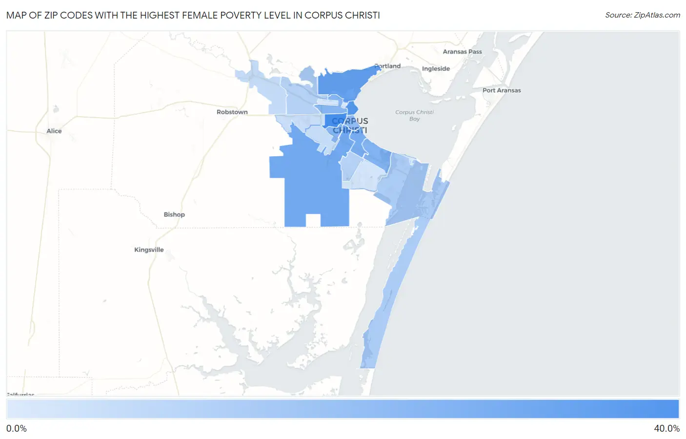Zip Codes with the Highest Female Poverty Level in Corpus Christi Map