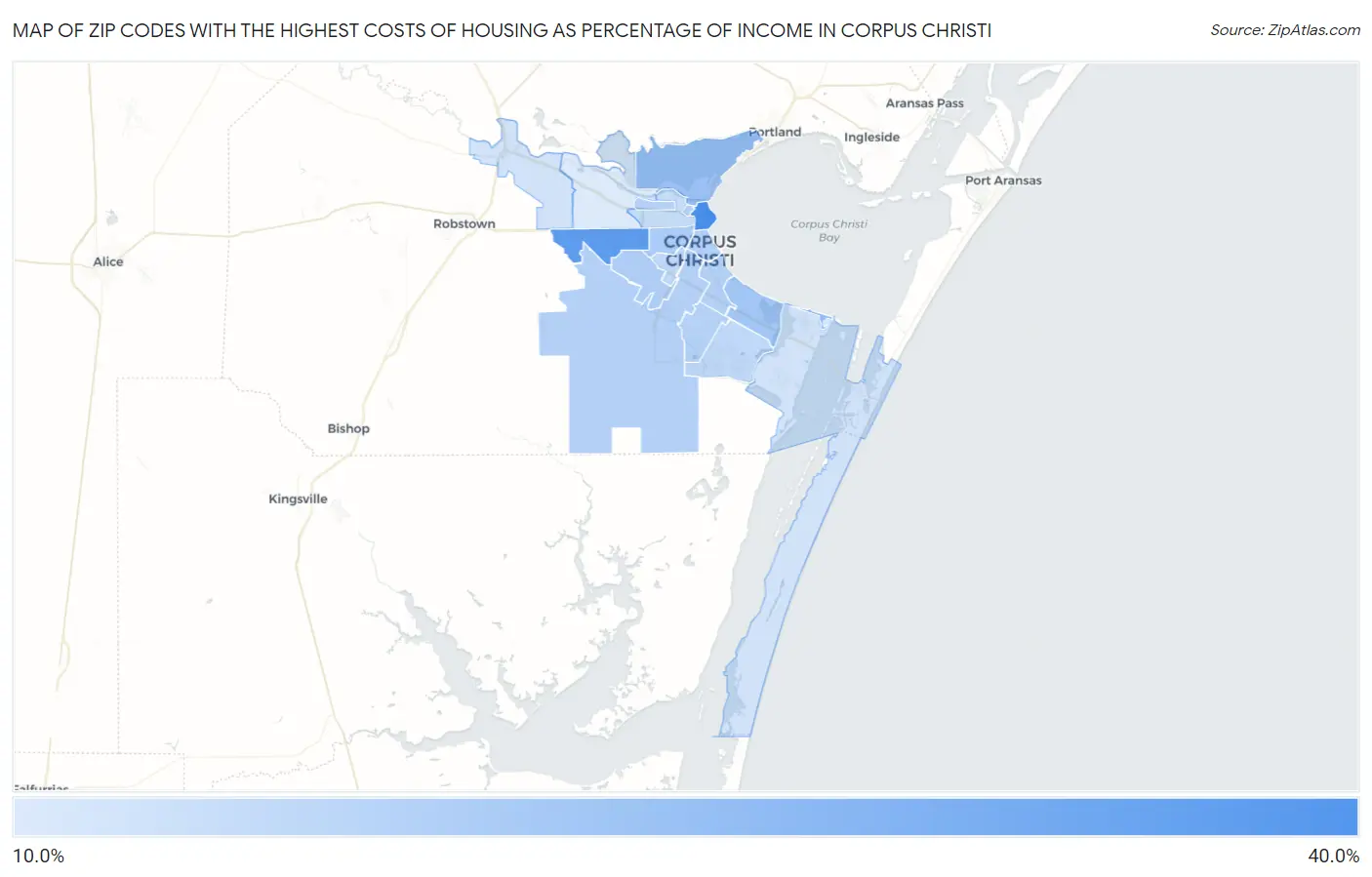 Zip Codes with the Highest Costs of Housing as Percentage of Income in Corpus Christi Map