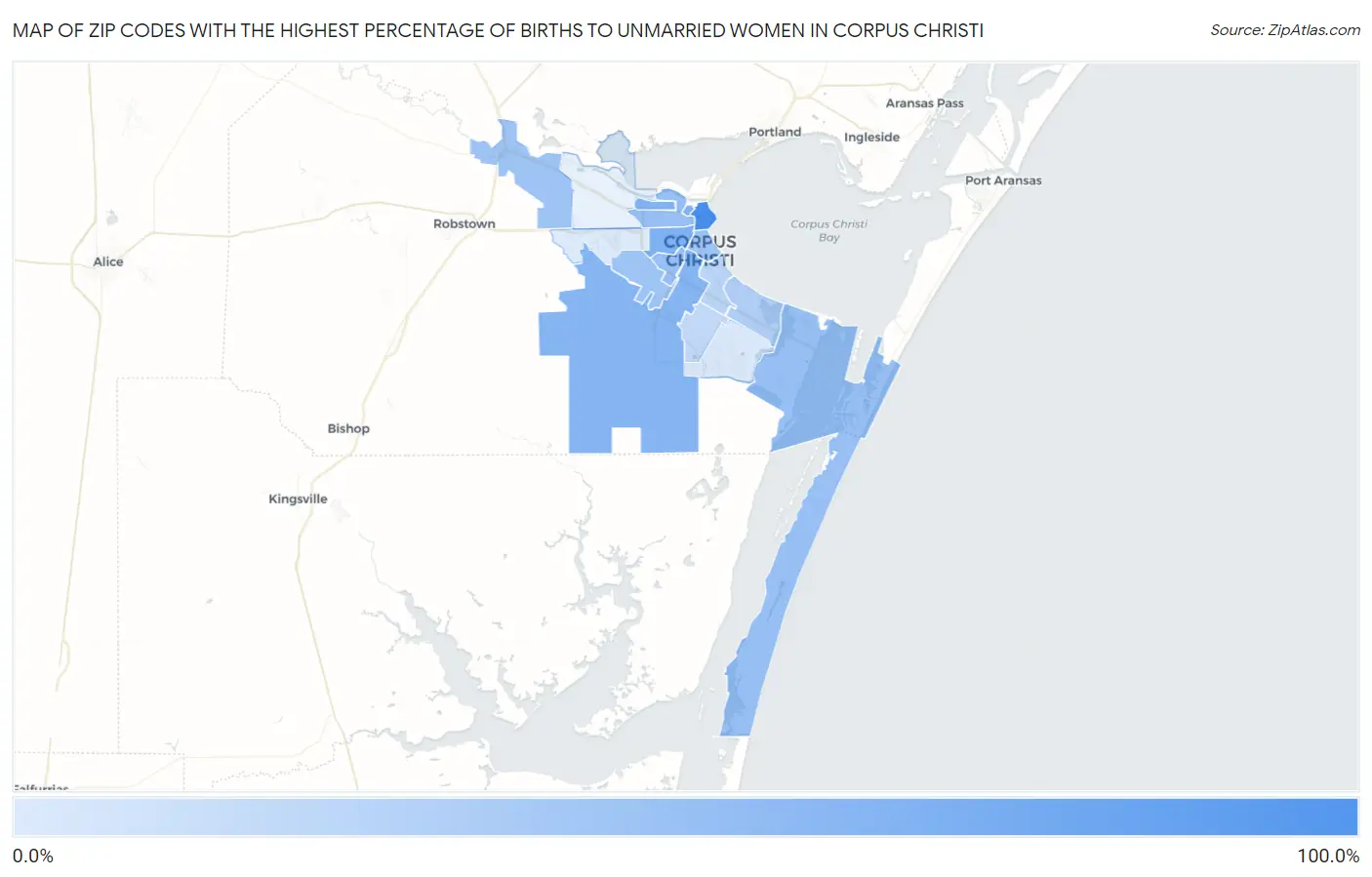 Zip Codes with the Highest Percentage of Births to Unmarried Women in Corpus Christi Map