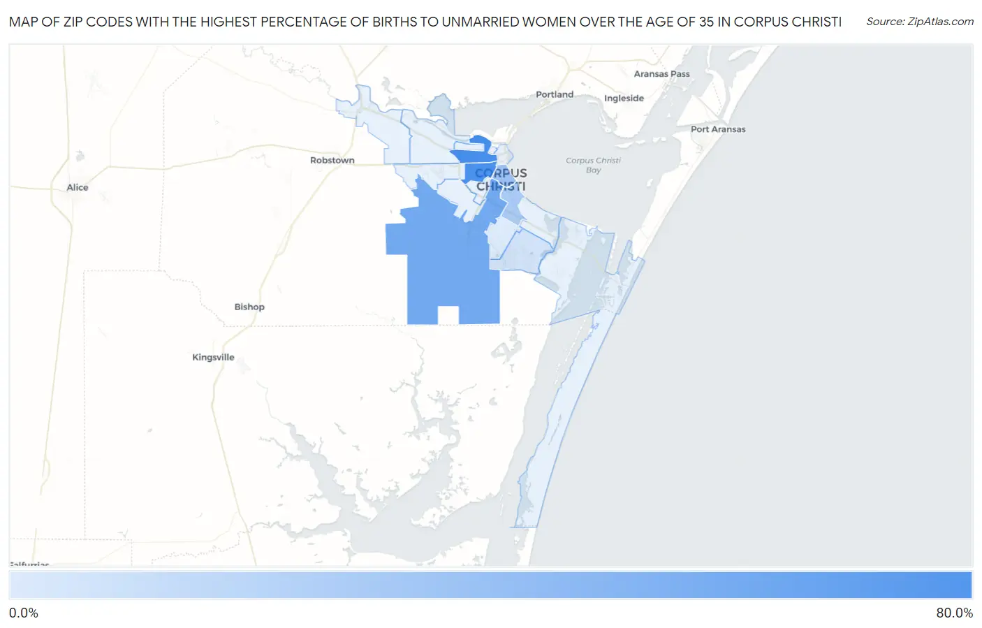 Zip Codes with the Highest Percentage of Births to Unmarried Women over the Age of 35 in Corpus Christi Map