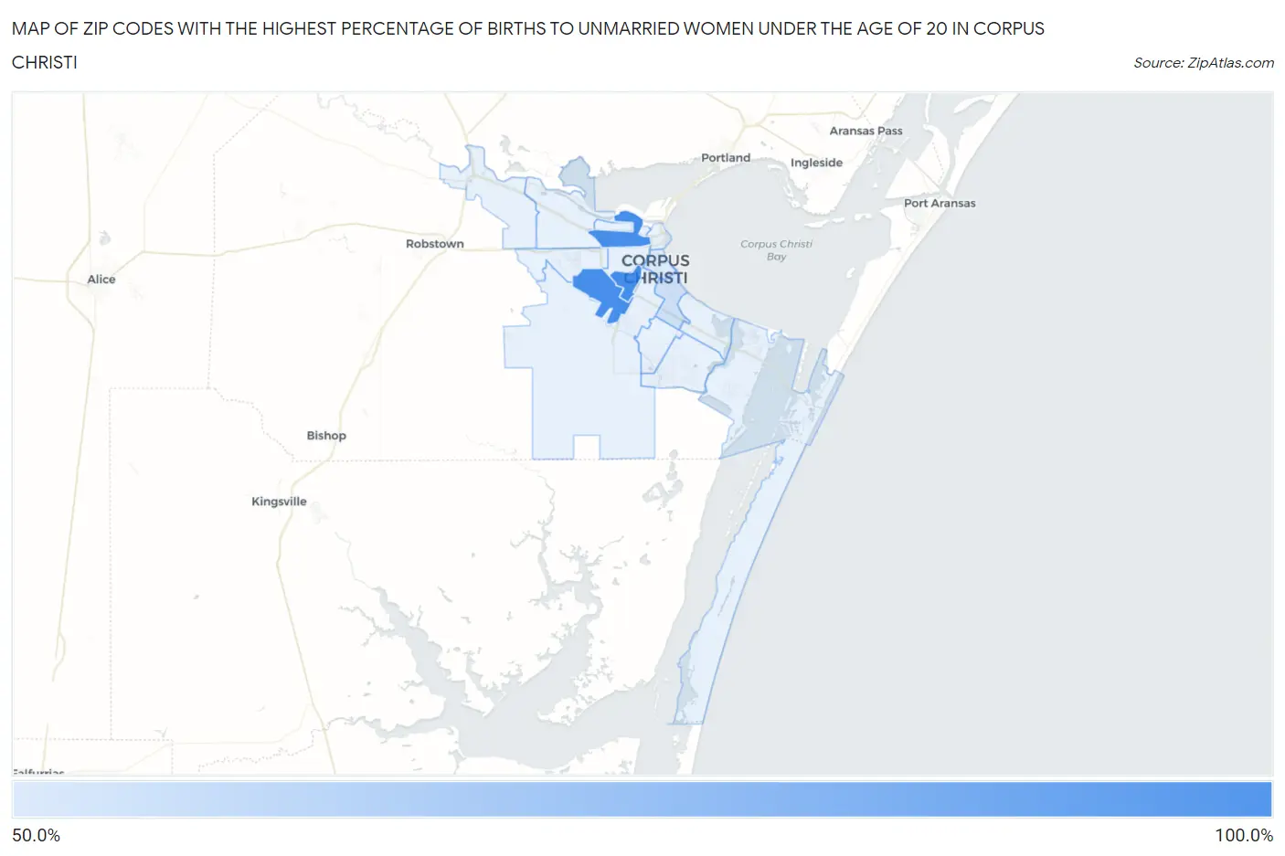 Zip Codes with the Highest Percentage of Births to Unmarried Women under the Age of 20 in Corpus Christi Map