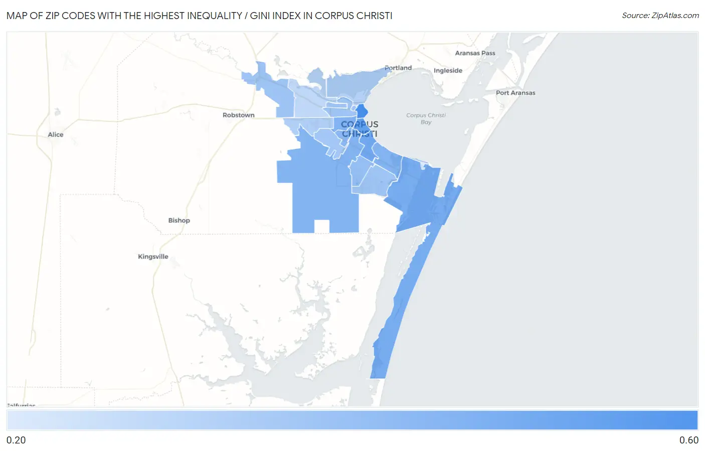 Zip Codes with the Highest Inequality / Gini Index in Corpus Christi Map