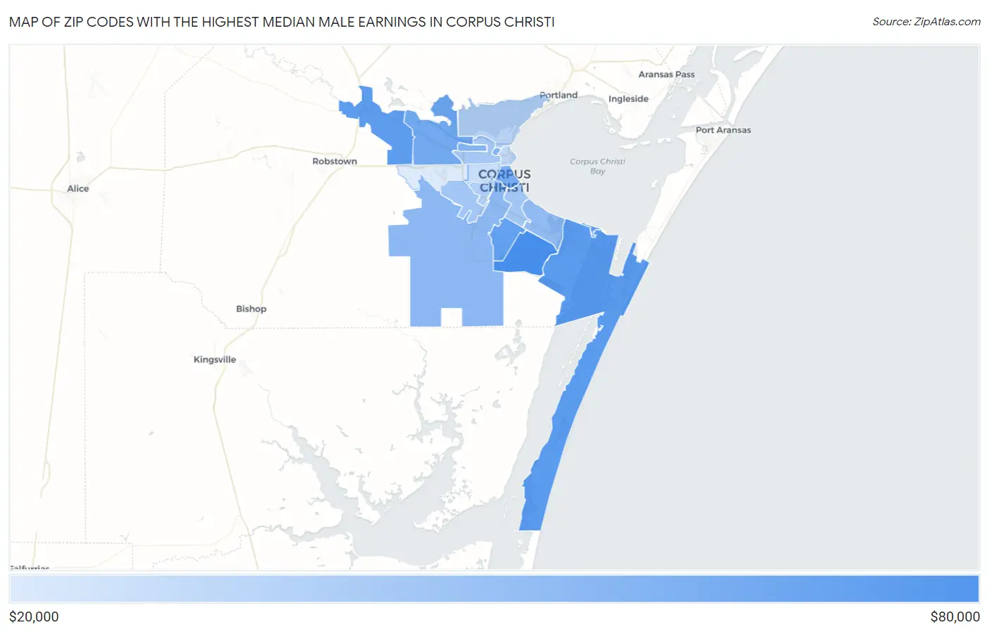 Zip Codes with the Highest Median Male Earnings in Corpus Christi Map