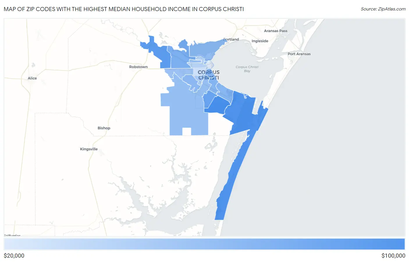 Zip Codes with the Highest Median Household Income in Corpus Christi Map
