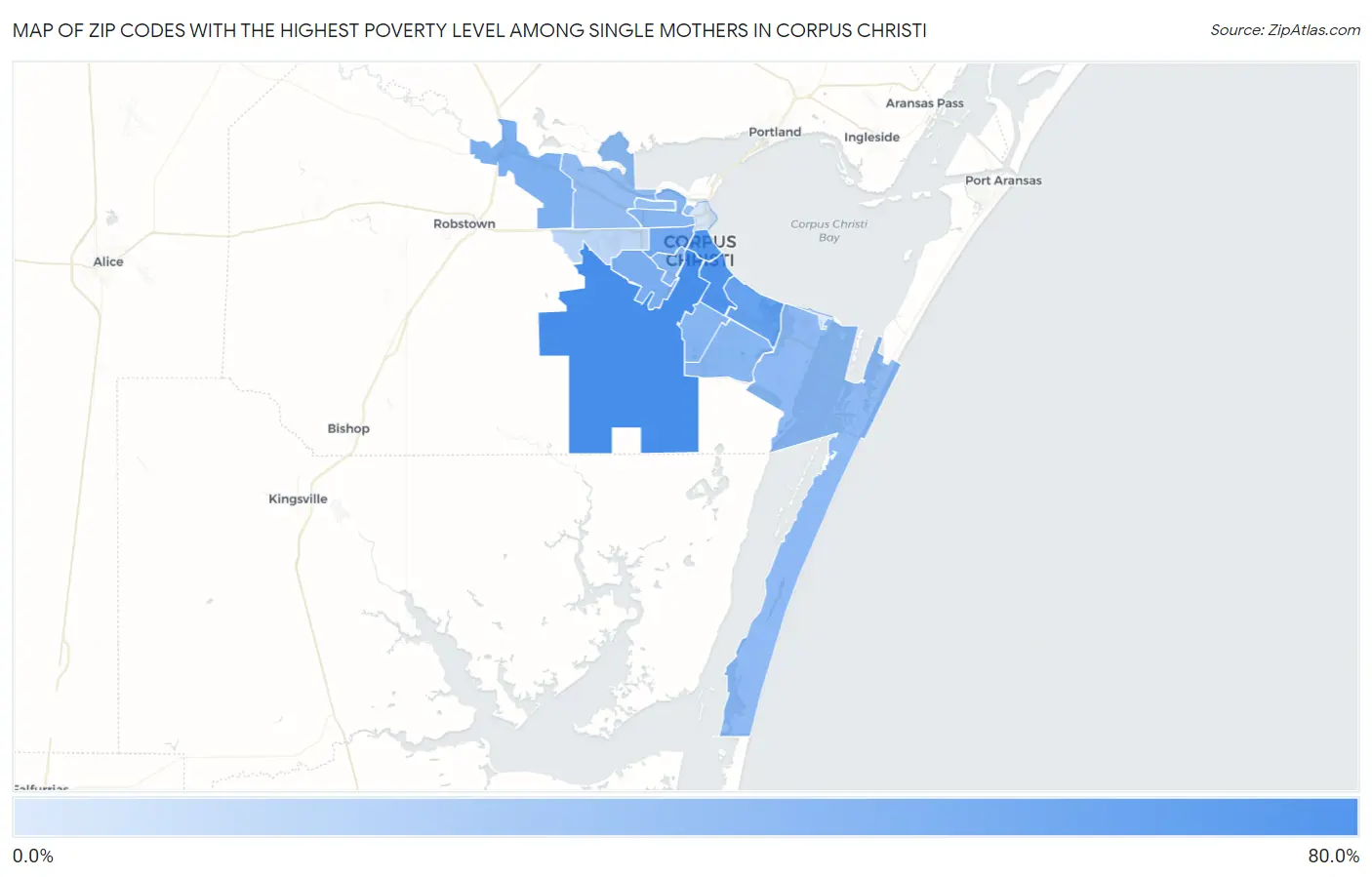 Zip Codes with the Highest Poverty Level Among Single Mothers in Corpus Christi Map