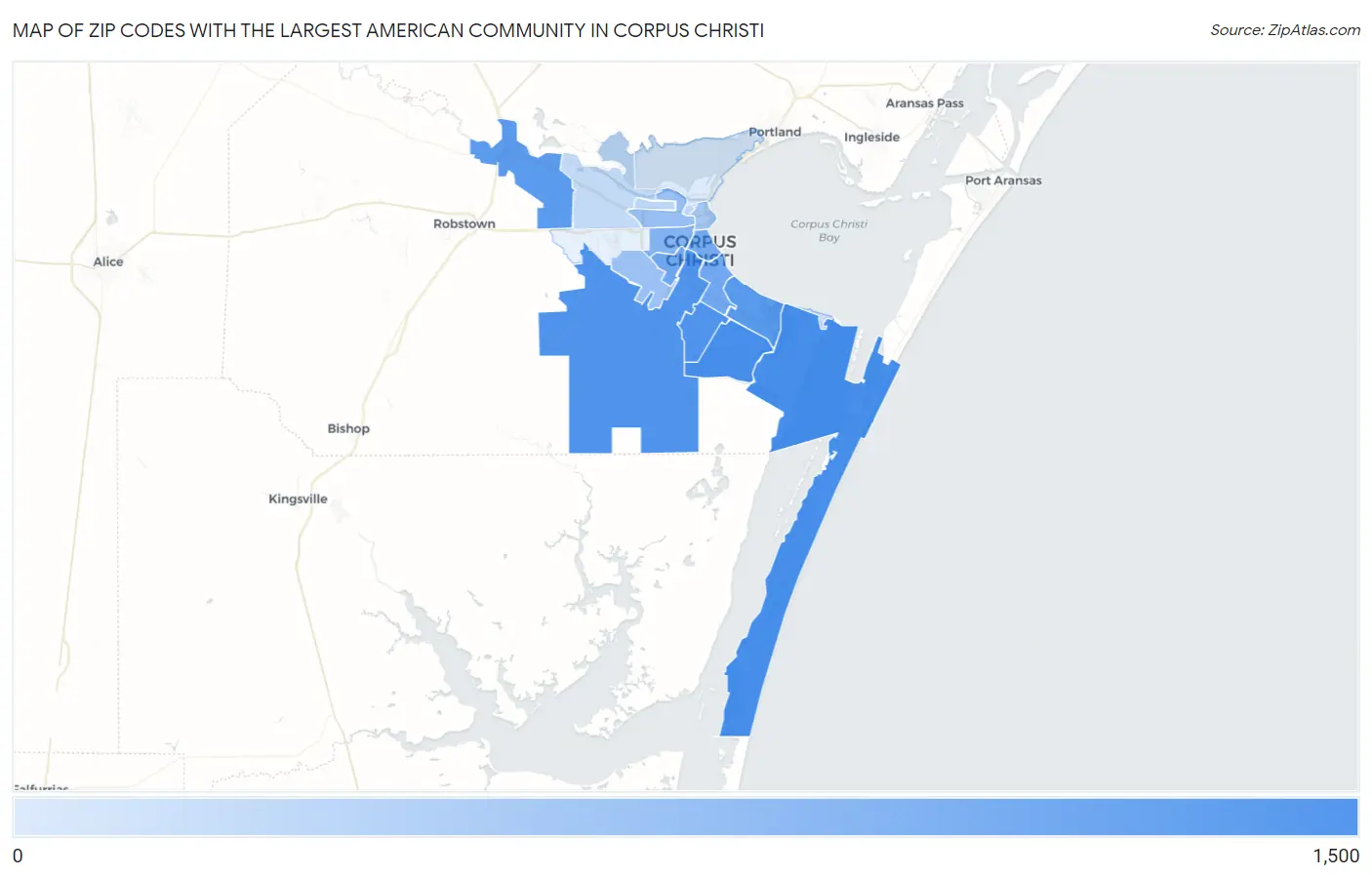Zip Codes with the Largest American Community in Corpus Christi Map