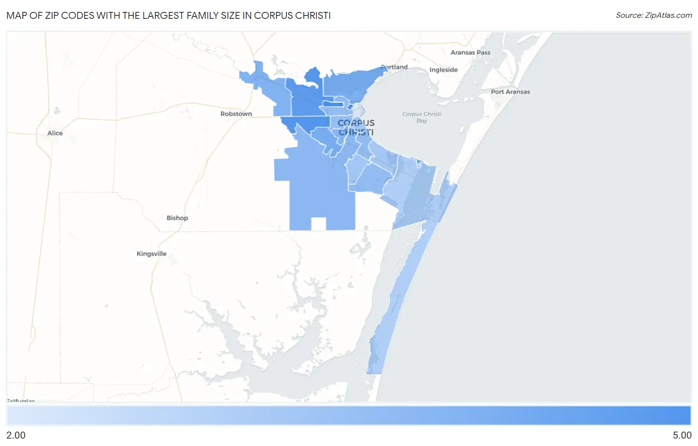 Zip Codes with the Largest Family Size in Corpus Christi Map