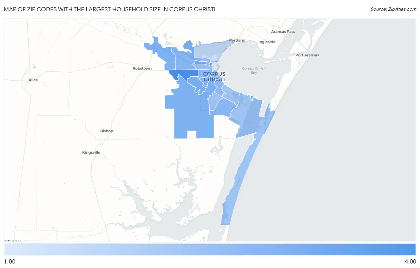 Zip Codes with the Largest Household Size in Corpus Christi Map